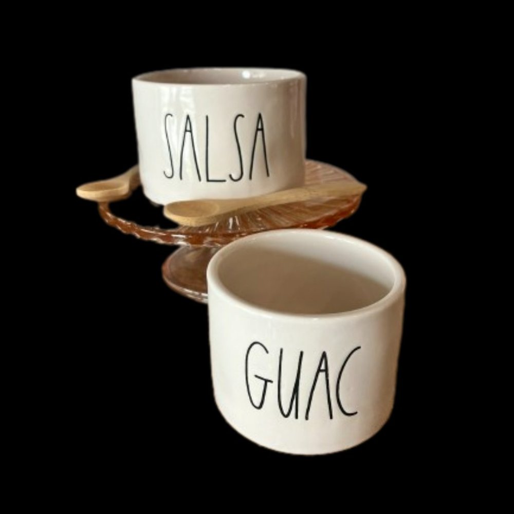 Rae Dunn Salsa and Guac bowls with wooden spoons.
